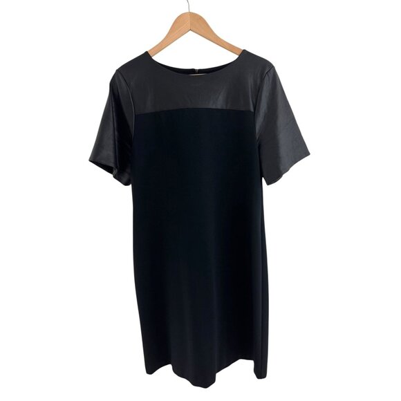 Ann Taylor Black Faux-Leather Short Sleeves Ponte Knit Shift Dress Size 12 - Picture 3 of 7